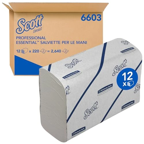 Scott Essential Ręczniki 6603 – wąskie składane ręczniki papierowe, 12 pakietów x 220 białych ręczników papierowych (łącznie 2640 sztuk)