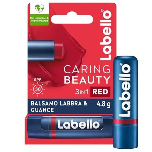Labello Caring Beauty Lip & Cheek Red 4.8 g, Burrocacao labbra e guance con una nota di colore rosso, Balsamo labbra colorato e blush stick 2 in 1, Lip balm idratante con protezione SPF 30
