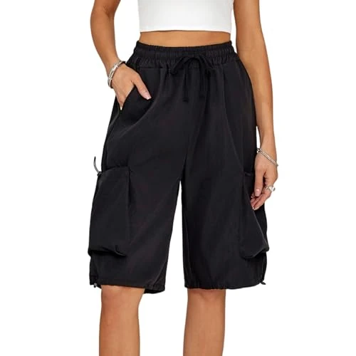 Limited offer: Xinor Women's Summer Cargo Shorts Bermuda Shorts with Pockets Short Trousers Knee Length Wide High Waist Comfortable from 14.99 EUR to 7.99 EUR (save 47%)