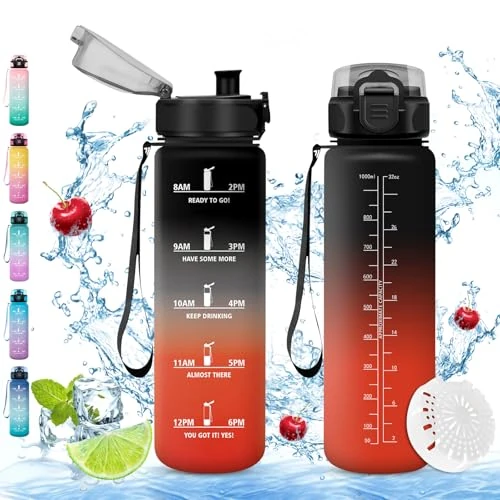 Vikaster Gourde eau, Gourde 1Litre, sans BPA, Étanche & Réutilisable, Bouteille d'eau avec Marqueur de Temps et Filtre, Convient Pour la Bureau, Gym, Yoga, Camping, Sport