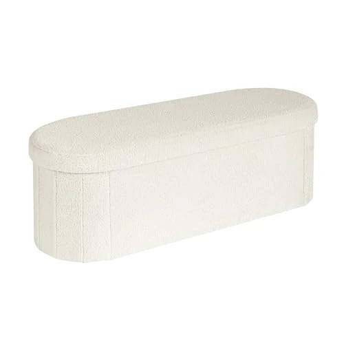 Bonlife Baúl Plegable,Puff Almacenaje, Taburete Reposapiés,Banco pie de Cama, para Sala de Estar, Dormitorio, Entrada, Blanco, Forma Ovalada,110x38x38 cm