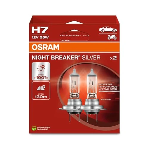 OSRAM NIGHT BREAKER SILVER, H7, lampade per fari alogene, scatola pieghevole sospesa (2 lampade)