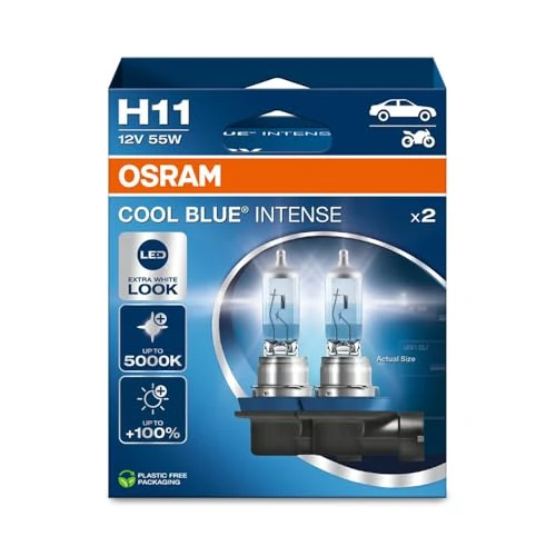 OSRAM COOL BLUE INTENSE H11, +100% más de brillo, hasta 5.000K, lámpara de faro halógena, aspecto LED, caja plegable colgante (2 lámparas)