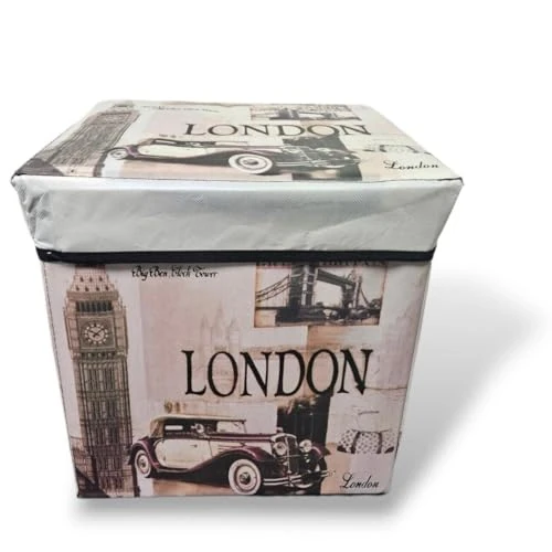 GARGIX PUFF POUF CONTENEUR CARRÉÉ SIMILI CUIR BANQUE À IMPRESSION LONDRES PARIS (DIV-2, 30 cm x 30 cm)