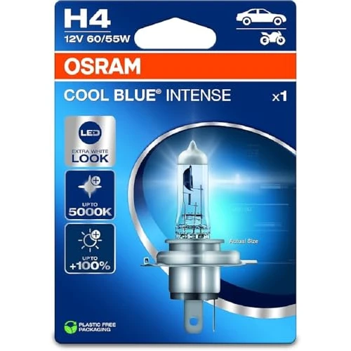 OSRAM COOL BLUE INTENSE H4, +100% meer helderheid, tot 5.000K, halogeenkoplamp, LED-look, Single Blister (1 lamp)
