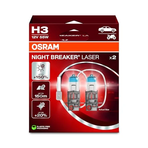 Oferta limitada: OSRAM NIGHT BREAKER LASER H3, +150% más brillo, lámpara de faro halógena, 64151NL-2HB, 12V, caja plegable colgante (2 lámparas) de 24.29 EUR a 24.29 EUR (ahorro 0%)
