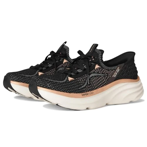 Skechers Women's D'Lux Vapor Evening Glow Slip-On Sneakers, Black Knit/Rose Gold Trim, 6.5 UK