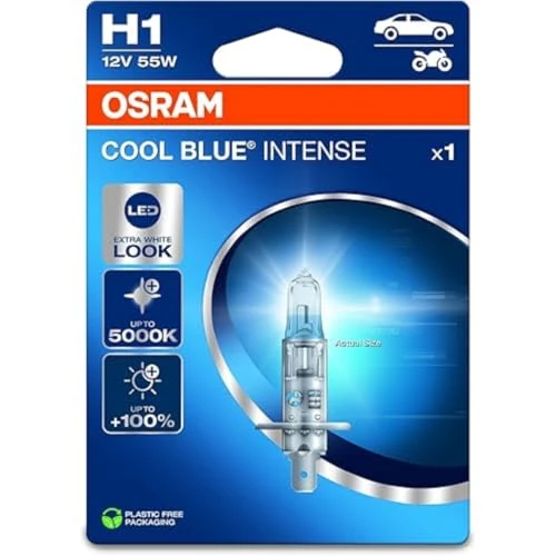 OSRAM COOL BLUE® INTENSE H1, +100% większa jasność, do 5000 K, halogenowa lampa czołowa, wygląd LED, pojedynczy blister (1 lampa)
