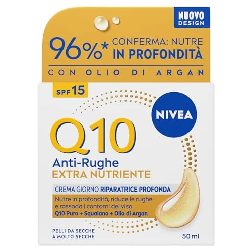Offerta a tempo: NIVEA Q10 Anti-Rughe Extra Nutriente Crema Giorno Riparatrice Profonda SPF 15 50 ml, Crema viso antirughe e idratante con Coenzima Q10, Olio di Argan e Squalano, Skincare per pelle secca e molto secca - 31% da 13.99 € a 9.69 €