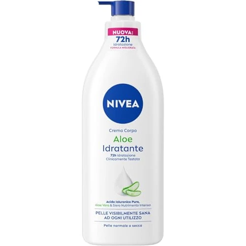 Offerta a tempo: NIVEA Crema Corpo Aloe Idratante 500 ml, Crema idratante corpo 72h arricchita con Acido Ialuronico Puro, Aloe Vera e Siero Nutrimento Intenso, Crema corpo idratante pelle secca o normale - 55% da 7.99 € a 3.59 €