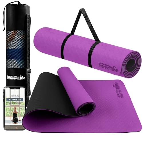 LA MENTE ES MARAVILLOSA - Tapis de Yoga, Pilates, Gymnastique, Fitness ou Autres Sports【183 x 61 cm】Antidérapant TPE avec Ebook, Sac et Sangle de Transport pour Femme/Homme (Violet/Noir sans Motif)