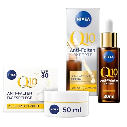 NIVEA Q10 Anti-Falten Gesichtspflege Set mit Tagescreme mit Q10 und Kreatin und straffenden Serum mit Anti-Glykationstechnologie, mildert und beugt Falten vor