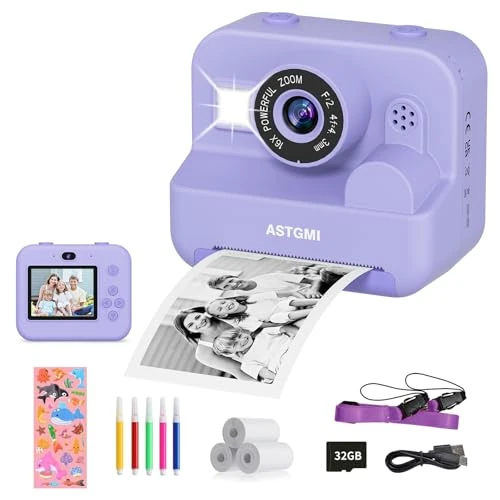 ASTGMI Kids Camera,Instant Print Selfie Camera, 1080P HD Digital Camera for Boys with Print Paper & 32GB Card, Christmas Birthday Gifts Kids Toys for 3-12 Years Old Boys(Blue)