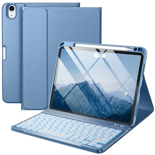 Vobafe Funda con teclado para iPad Air de 11 pulgadas M2 2024/iPad Air 6 5 4 2022 2020 10.9 pulgadas, 7 colores iluminados con teclado desmontable, carcasa trasera de TPU con soporte para bolígrafo,