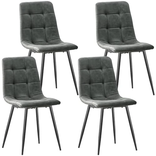 JIJIAN Set van 4 kunstleren eetkamerstoelen, gestoffeerde stoelen, woonkamerstoelen met zwarte metalen poten, voor eetkamer, wachtkamer en woonkamer, donkergrijs