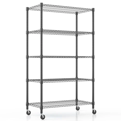 Himimi 5 Tier Heavy Duty Wire Shelving Units with Wheels & Leveling Feet, 90Wx45Dx208H cm, Height Adjustable Metal Shelving Unit, Standing Storage Rack Shelf for Kitchen Pantry Garage Shed, Black