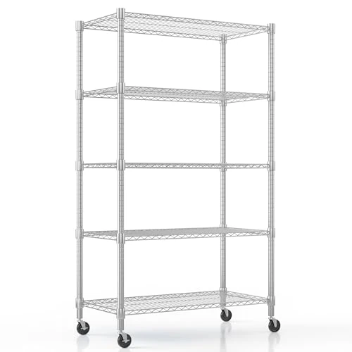 Offerta a tempo: Himimi Scaffalatura a 5 Ripiani con Ruote e Piedini Livellatori, Scaffale di Stoccaggio in Metallo Regolabile in Altezza, Unità di Scaffalatura in Piedi per Bagno, Cucina,90 * 45 * 208CM, Argento - 16% da 159.99 € a 135.10 €