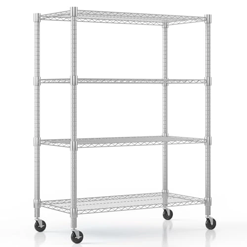 Tijdelijke aanbieding: Himimi 4-laags draadstelling op wielen, in hoogte verstelbaar, staande rekken met stelpoten, metalen opbergrek voor keuken, badkamer, slaapkamer, woonkamer, 500kg capaciteit, 90 * 45 * 183cm, Zilver van 139.99 € naar 139.99 € (0.00%