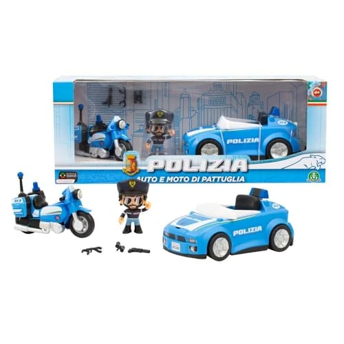 Giochi Preziosi Policía – Coche y Moto de policía, vehículos de Rueda Libre, Figura de policía incluida de 7 cm, Completo de Accesorios, para niños a Partir de 4 años