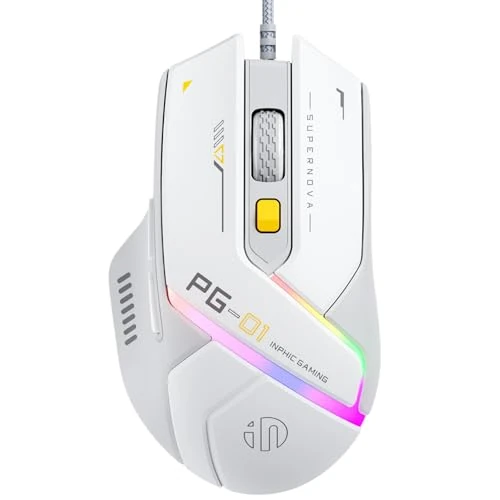 inphic PG1 Gaming Maus mit Kabel, 12800 DPI Hochpräzise, 6 programmierbare Tasten, atmungsaktive RGB Hintergrundbeleuchtung Ergonomische PC Maus Kabel für Computer/Mac/Laptop - Weiß