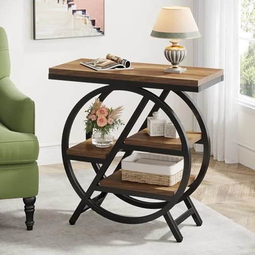 Offerta a tempo: Tribesigns Tavolino da salotto stretto a 3 ripiani con vano contenitore, tavolino in legno con struttura geometrica in metallo, comodino industriale e tavolo da - 43% da 79.99 € a 45.99 €