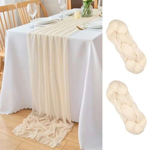 DecorMommt Chemin de Table Mousseline de Soie Beige Chemin de Table Décoration Mariage Lot de 2 Table Runner Boho pour Les Vacances, Fêtes, Toutes Les Célébrations Décoration, 77x300cm