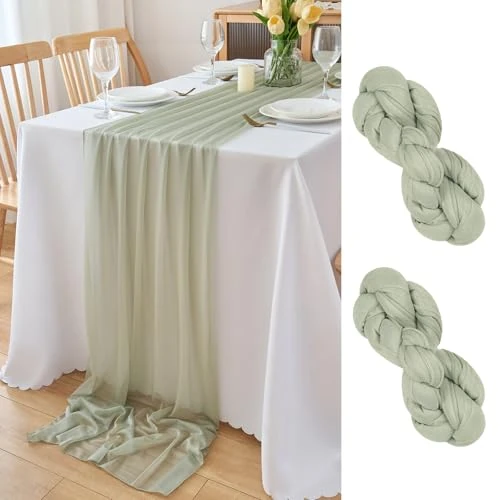 DecorMommt Camino de Mesa de Gasa Verde, Salvia Caminos de Mesa, Bohemio Elegantes para Boda Comunión Fiesta Comedor Decoración de Mesa Bautizo, 2 Piezas, 300 x 77 cm