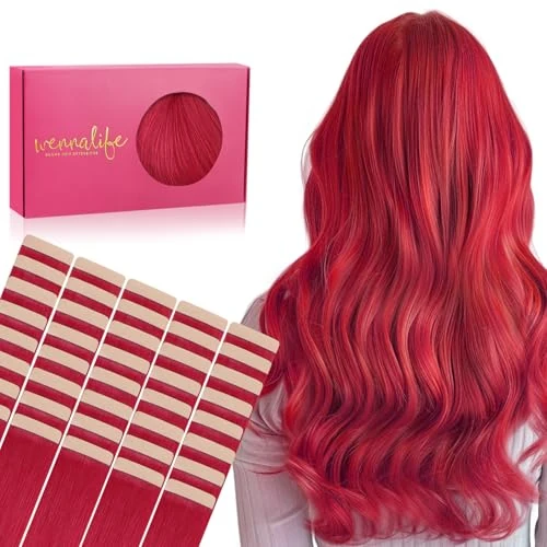 WENNALIFE Extensions de cheveux adhésives Cheveux naturels 40 pièces 60g 10 pouces Extension de cheveux rouge Cheveux naturels