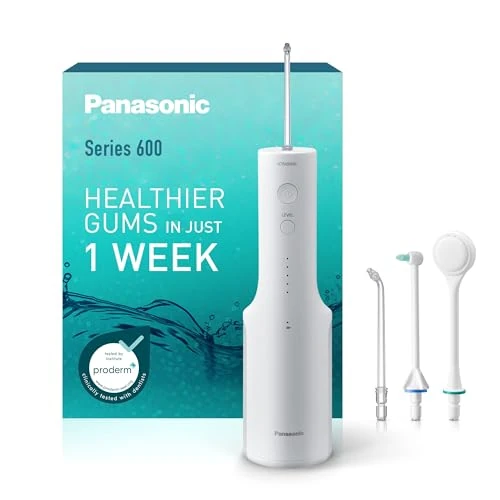Panasonic Series 600 Ultrasonic Dental Flosser EW-DJ67-W303, Dental Jet, 200 ml, IPX7, 2 Standard Tips, 1 Orthodontic Tip and 1 Tongue Tip, 5 Pressure Settings, White