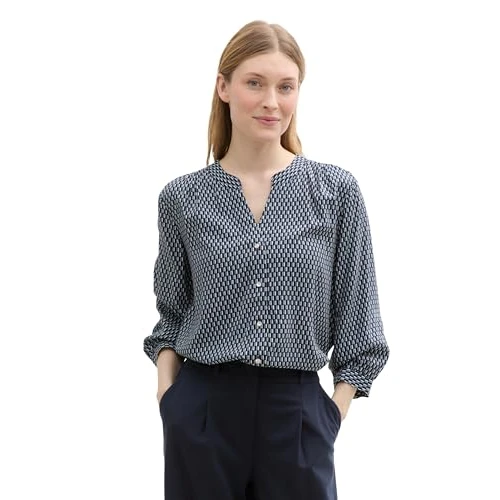 Offerta a tempo: TOM TAILOR Camicetta Donna, 37186 - Stampato Blu Bianco Minimal, 46 - 0.00% da 30.71 € a 30.71 €