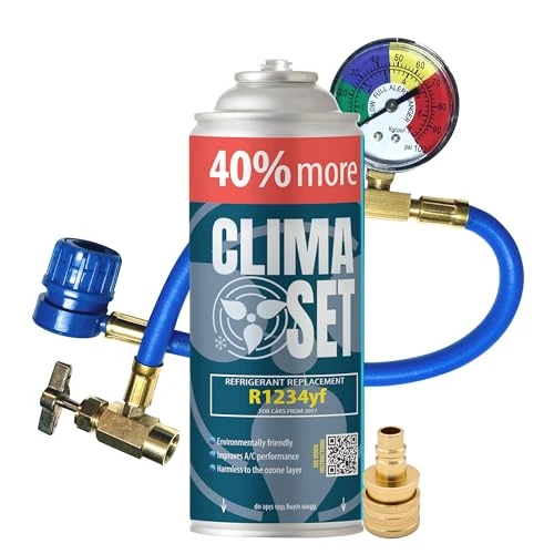 Offerta a tempo: ClimaSet R1234yf - Gas di ricambio per refrigerante, condizionatore d'aria per auto, refrigerante, bombola del gas, 1 x 235 g, tubo dell'aria condizionata, manometro, aria condizionata, adattatore — 32% da 48,82 € a 33,00 €