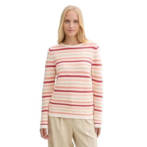TOM TAILOR Women's 1016350 Pullover Sweater, 37148-Peachy Knit Stripe Design, L