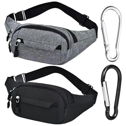 Pack of 2 Sports Waist Bags, 2 Pieces Carabiners, Multi-Pocket Hip Bags, Adjustable Waist Bags with Buckles, Hip Wallet, Sports Mobile Phone Bag, Suitable for Sports and Outdoor Use, black, standard