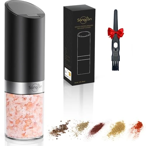 Sangcon Upgraded Gravity Electric Salt and Pepper Grinder, Upgraded 4AAA Battery Powered (Not Included) Light Large Capacity with Dust Cover, Adjustable Grinding Coarseness One Handed Operation(1PCS)