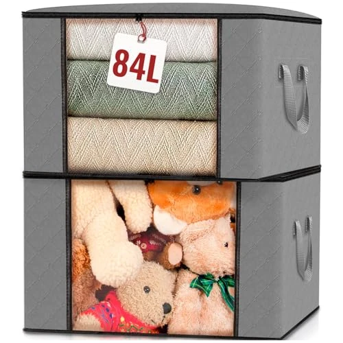 edihome, Clothes Storage Bag, (2 pieces), Wardrobe Organiser, with Reinforced Handles, Heavy Duty Cloth Pouches with Transparent Window (Light gray, Pack of 2)