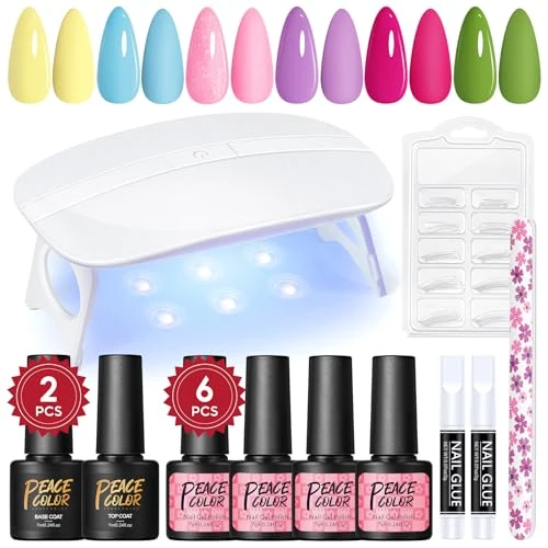 PEACECOLOR Kit Uñas Semipermanentes con Lámpara LED+U V, 6 Colores de Esmalte en Gel Rosa Amarillo Azul Verde Violeta Rosa Base y Top Coat Limas Kit Manicura Semipermanente
