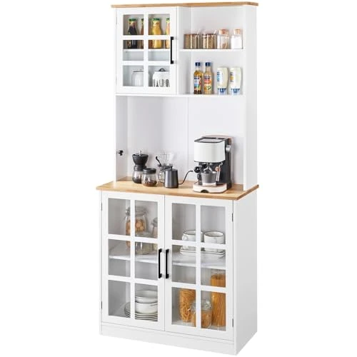 Yaheetech Buffet Haut de Cuisine Vaisselier Cuisine Armoire de Cuisine Meuble Salle à Manger avec Portes en Verre avec Étagère Réglable 80 × 37 × 183 cm Blanc