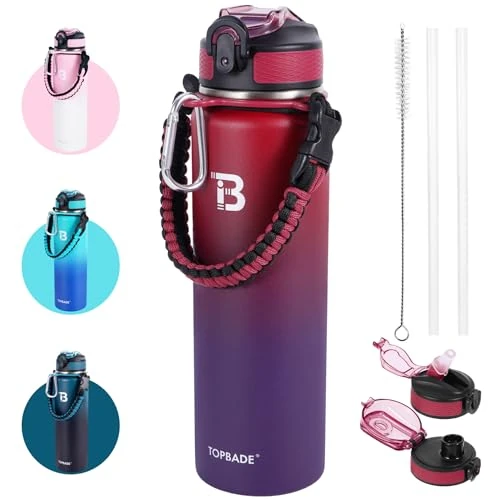 TOPBADE Stainless Steel Sports Water Bottle with 2 Lids (Straw/No Straw), 700 ml, BPA-Free, Leak-Proof Children's Bottle with Paracord Handle, Suitable for Carbonated Drinks, Thermal Water Bottle for