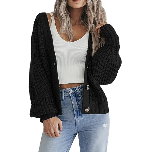 Offerta a tempo: HOTOUCH Maglioni da Donna UK Cardigan a Maniche Corte con Apertura Frontale e Bottoni Maglieria Sciolta a Maniche Lunghe Maglione Oversized, Nero , L - 0.00% da 42.98 € a 42.98 €