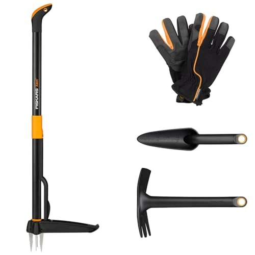 Offre limitée : Fiskars Set d'outils de jardinage , 4 pièces, désherbeur Xact, acier inoxydable/plastique, Serfouette et Déplantoir Solid, FiberComp, gants de travail pour le jardin, taille : 10, noir/orange, 1077308 de 103.96 EUR à 103.96 EUR (remise 0%)