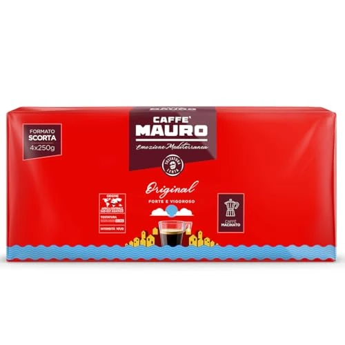 Caffè Mauro Torrefazione, mezcla Original, café molido natural, 4 x 250g, intensitad 10/10. Ideal para Cafetera Italiana, de Filtro y Francesa. Producido en Italia