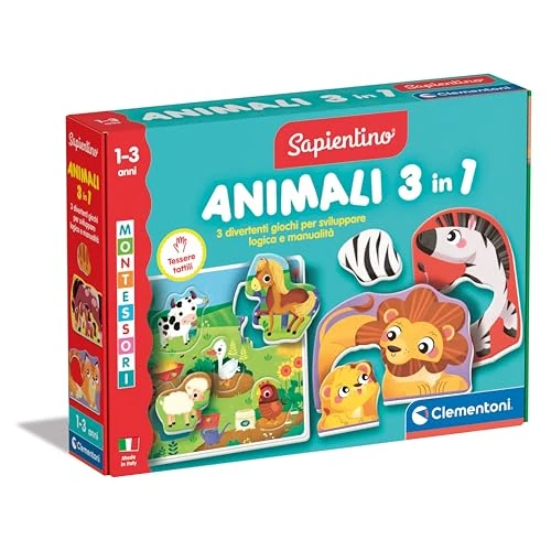 Clementoni Sapientino Montessori - Animali 3 in 1, Gioco Educativo Tattile, Bambini 1-3 Anni, Sviluppa Tatto, Manualità e Riconoscimento Animali, Made in Italy, Lingua Italiana, 16460