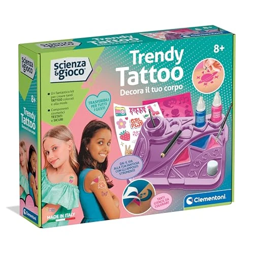 Clementoni Wissenschaft und Spiel Lab – Trendy Tattoo, Tattoo-Set für Kinder 8+ Jahre, wissenschaftliches Spiel mit Transfers, Werkzeugen und Schablonen zum Erstellen personalisierter Tattoos, Made in