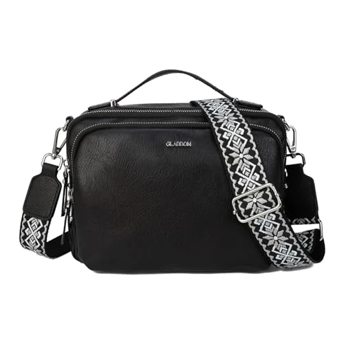 Gladdon Women's Shoulder Bag with Zip, Crossbody Bag, Leather Handbag Small, Wide Shoulder Straps Jacquard Fabric, black, S, 未古风格