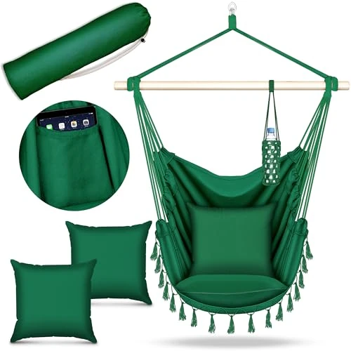Offerta a tempo: tillvex Poltrona Sospesa 200kg da Appendere | Amaca Sospesa Interno & Esterno | Sedia Appesa Resistente alle Intemperie | Poltrona Oscillante con Cuscino (Verde, Con 2 cuscini) - 37% da 44.99 € a 28.30 €
