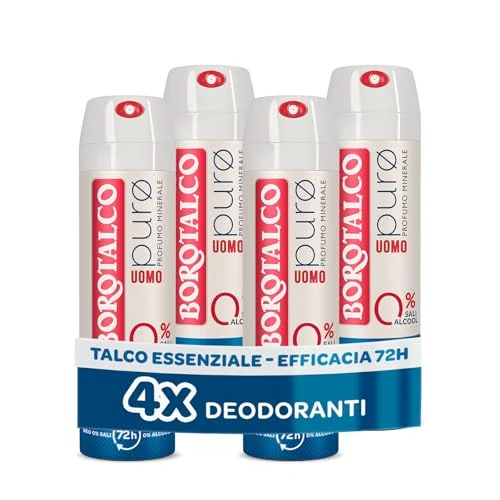 Offerta a tempo: Borotalco, Deodorante Uomo Spray Puro, con Talco Essenziale, Formula Senza Alcool e Sali di Alluminio, Asciutto Anti-Odori, 72h di Efficacia, Profumo Minerale - 4 Flaconi da 150 ml - 40% da 18.49 € a 11.09 €