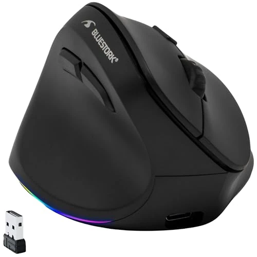 Offerta a tempo: Bluestork - Mouse Verticale Senza Fili 2.4GHz + BT - Ricaricabile Mouse Ergonomico - DPI Regolabile 800-2400DPI - 6 Pulsanti LED RGB - Prevenzione della Sindrome del Tunnel Carpale - PC/Mac/IPAD - 16% da 24.99 € a 21.00 €