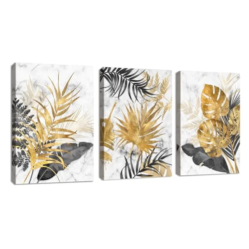 Offerta a tempo: FajerminArt 3pcs Quadri Moderni Grande Stampa su Tela Con Cornice Marmo Tropicale Grigio Oro Foglie pittura su tela poster Decorazione Murale Adatto Soggiorno Camera da letto 150x70cm(50x70cmx3) - 31% da 69.99 € a 47.99 €