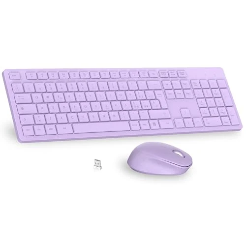 LeadsaiL Kabellose Tastatur und Maus, Set aus Maus und Tastatur für Computer USB 2,4 GHz, QWERTZ, volle Größe, ergonomisch, numerische Tastatur, Schnellwahltasten für HP/Mac-Violett