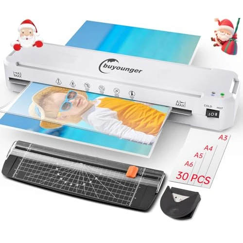 Buyounger Laminator A3, 5-in-1 Laminator Machine with Hot & Cold Settings, 30 Pouches (A3 A4 A5 A6), Paper Trimmer, Corner Rounder, Black, 1148g, 17.87 in/min